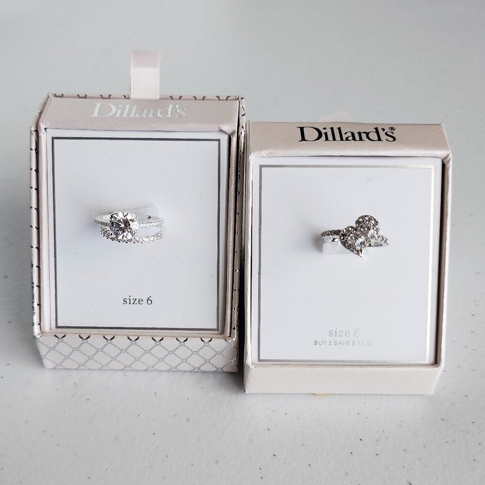 NEW Set of 2 Dillards Faux Diamond Engagement Wedding Rings | Silver Cubic